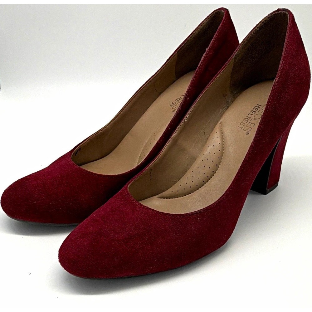 Aerosoles Heelrest Suede Red Burgundy Block Heel Round Toe Pumps Women 7.5